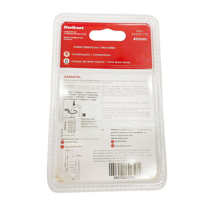 Ổ khoá số Kwikset, 4 cọc số, thân khoá bằng đồng thau, càng khoá thép cường lực chống cắt