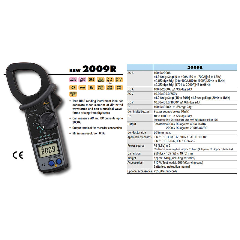 Ampe kìm đo dòng AC/DC kỹ thuật số Kyoritsu Kew 2009R True RMS, dải đo 400A-2000A