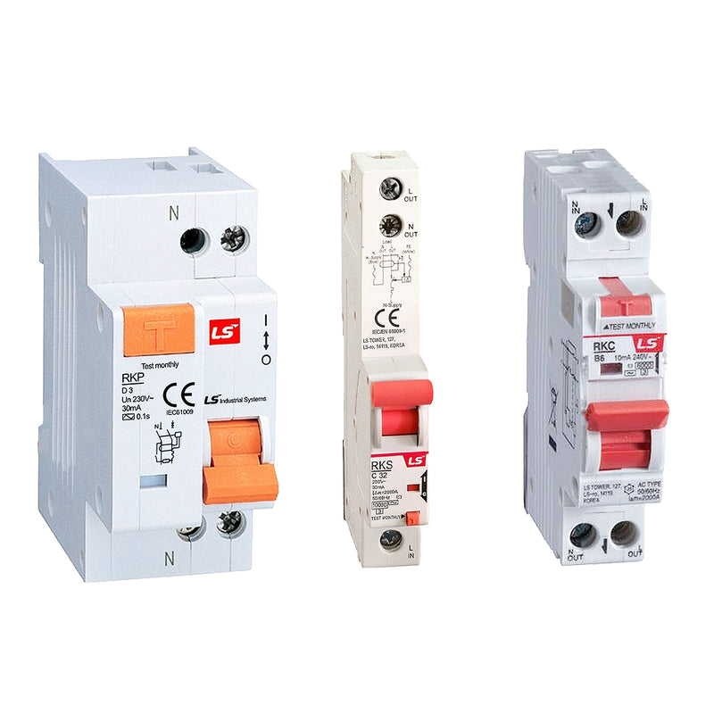Cầu dao chống giật RCBO LS có bảo vệ quá tải và chống rò, tải định mức từ 3A ~ 63A, dòng cắt 4.5kA ~ 10kA, dòng rò 30mA