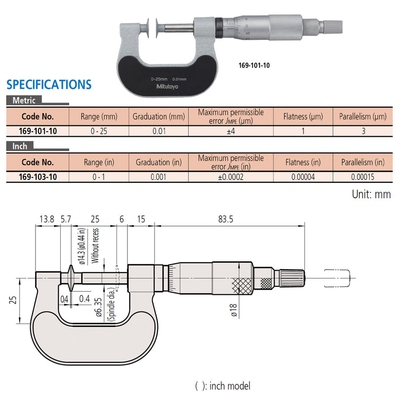 Panme đo độ dày giấy Mitutoyo Series 169-101-10, 0-25mm, trục đo không xoay, đầu đo phẳng Ø14.3mm, chuyên dụng cho giấy, vải, màng film