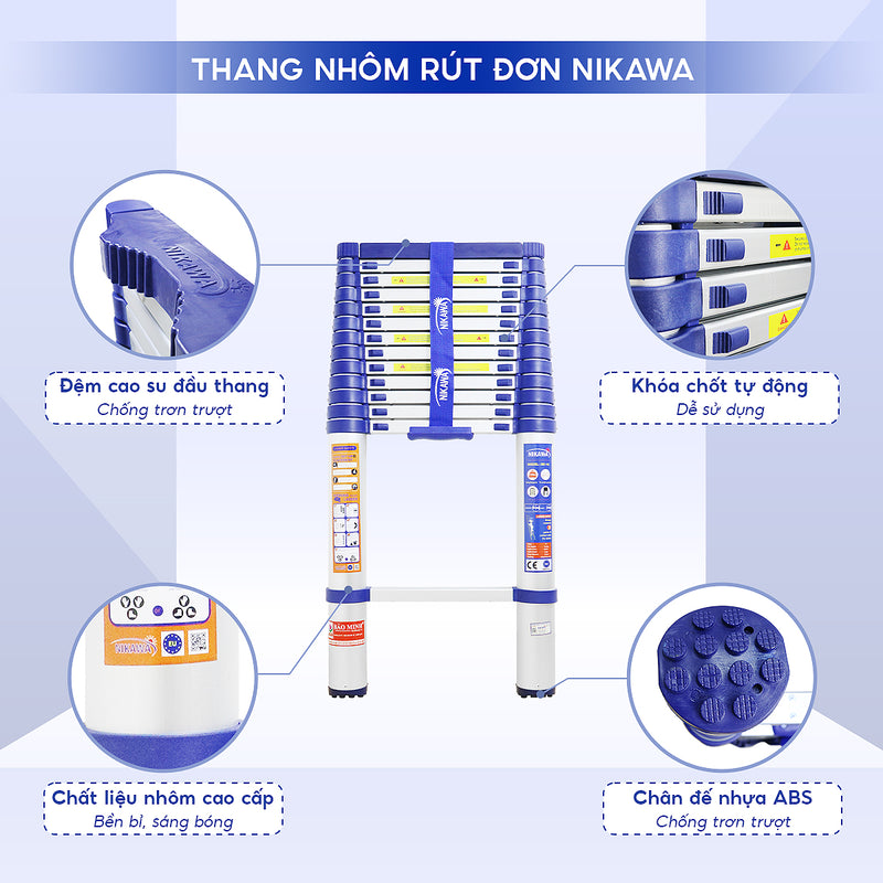 Thang nhôm rút đơn Nikawa NK, chiều cao tối đa từ 3.2m ~ 5.8m, số bậc thang từ 11 bậc ~ 15 bậc