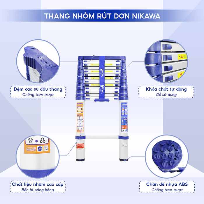 Thang nhôm rút đơn Nikawa NK, chiều cao tối đa từ 3.2m ~ 5.8m, số bậc thang từ 11 bậc ~ 15 bậc
