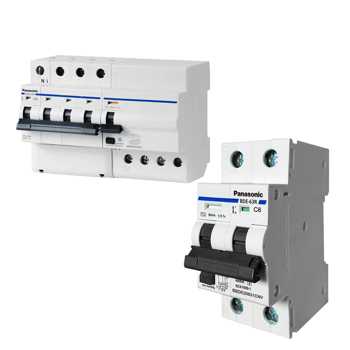 Cầu dao chống giật RCBO Panasonic có bảo vệ quá tải, ngắn mạch và chống rò, lắp thanh ray, tải định mức từ 6A ~ 63A, dòng rò 30mA, dòng cắt 6kA