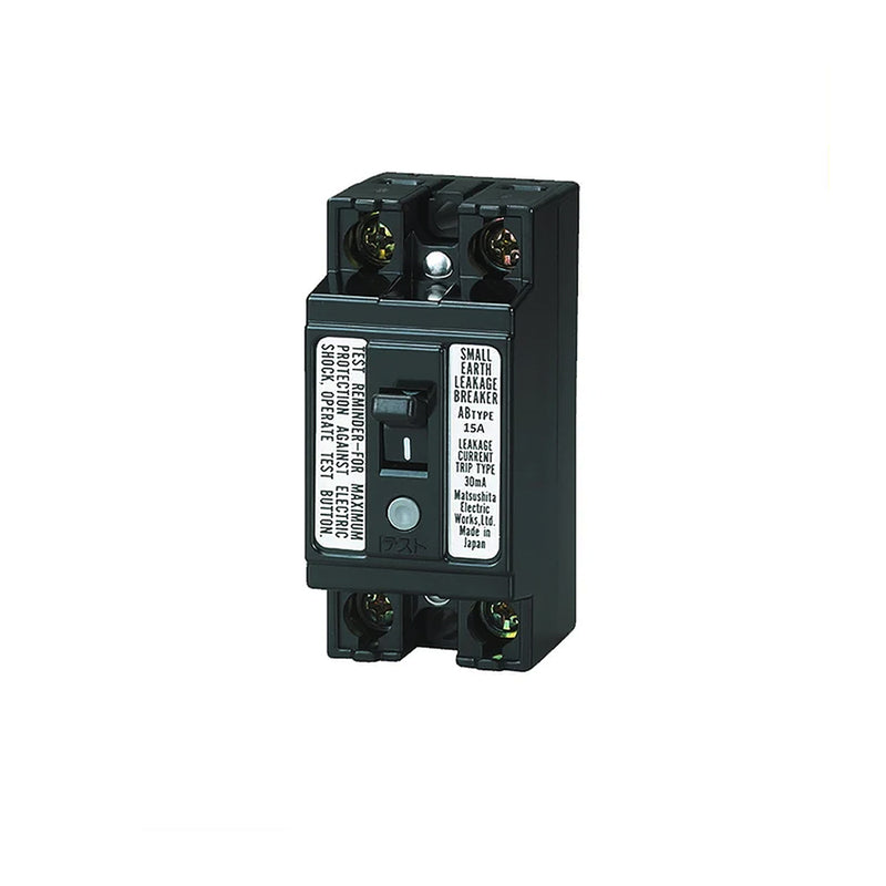 CB cóc chống giật Panasonic 2P2E có bảo vệ quá tải, ngắn mạch và chống rò điện, tải danh định từ 15A ~ 30A, dòng cắt từ 1.5kA, dòng rò 30mA