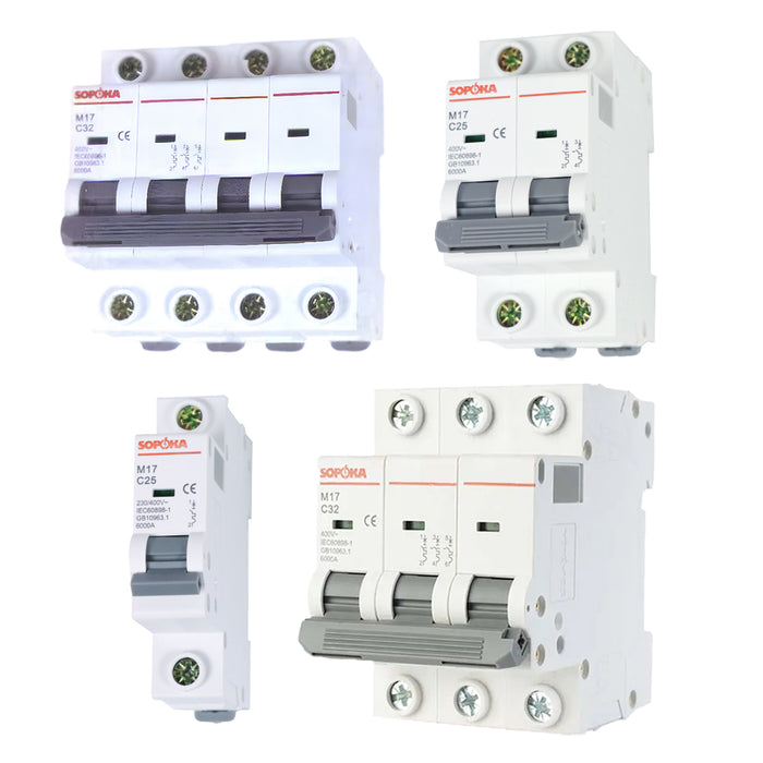 Cầu dao tự động MCB Sopoka M17/M20, tải danh định từ 2A ~ 125A, dòng cắt 6kA