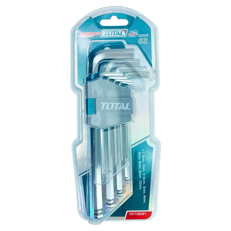 Bộ 9 chìa lục giác bi ngắn TOTAL THT106291, đường kính từ 1.5mm đến 10mm, chất liệu thép CrV