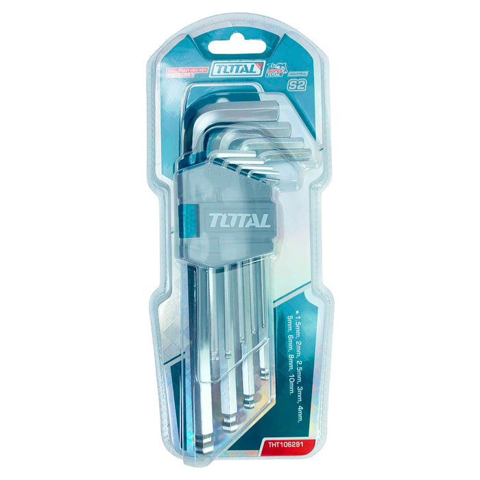Bộ 9 chìa lục giác bi ngắn TOTAL THT106291, đường kính từ 1.5mm đến 10mm, chất liệu thép CrV
