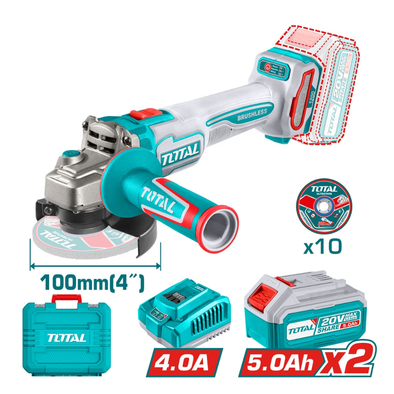 Máy mài góc không chổi than dùng Pin 20V Total TAGLI2210032, đường kính lưỡi 100mm