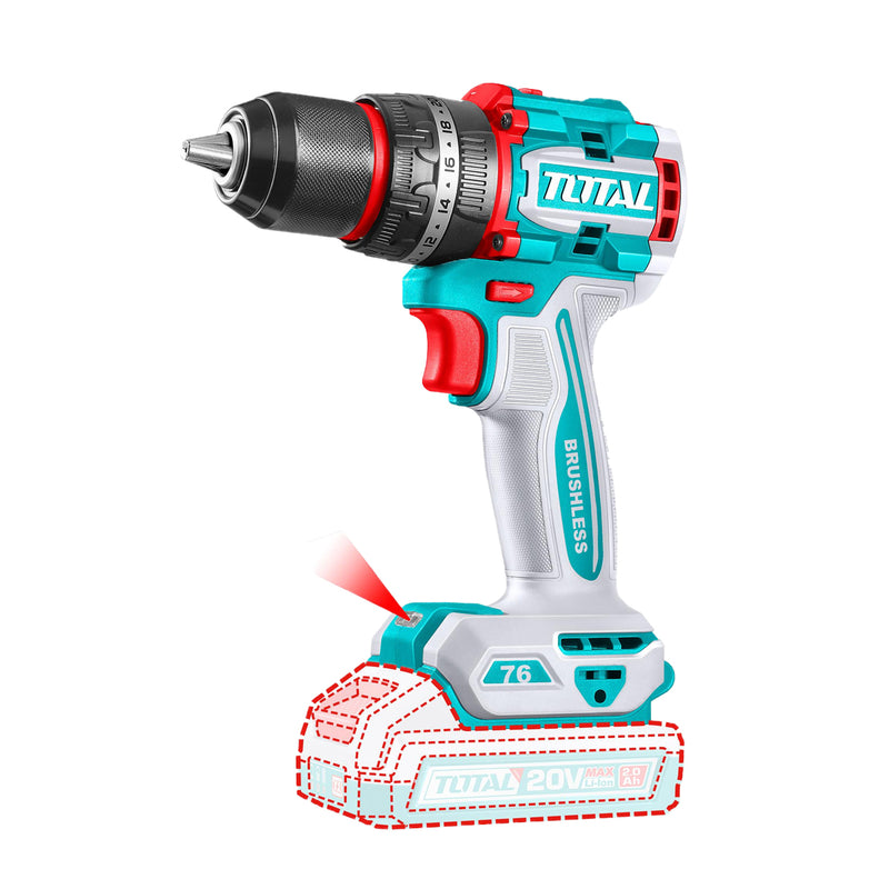 Máy khoan búa không chổi than dùng Pin 20V, đầu kẹp 13mm Total TIDLI20768