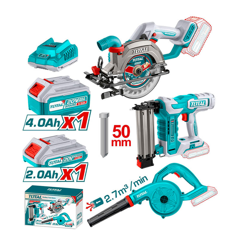 Bộ combo máy cưa đĩa 140mm và máy bắn đinh không chổi than, máy thổi bụi Total TOSLI240683 dùng Pin 20V