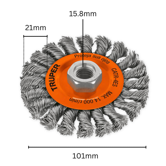 Bánh cước kim loại sợi thép xoắn 4 inch (101mm) Truper 17527, trục cốt 5/8 inch (15.8mm), sợi inox dày 0.5mm