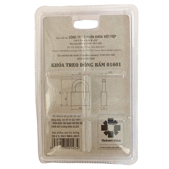 Ổ khóa treo Việt Tiệp 01601, thân khóa bằng hợp kim đồng 60mm