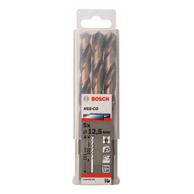 Hộp 5 mũi khoan Inox HSS-Co Bosch đường kính mũi từ 8mm - 13mm, đuôi trơn (Tiêu chuẩn DIN 338)