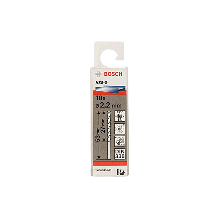 Hộp 10 mũi khoan sắt HSS-G Bosch 2608595052 đường kính 2.2mm, chiều dài 53mm, đuôi trơn (Tiêu chuẩn DIN 338)