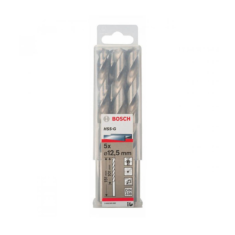 Hộp 5 mũi khoan sắt HSS-G Bosch đường kính mũi từ 8mm - 13mm, đuôi trơn (Tiêu chuẩn DIN 338)