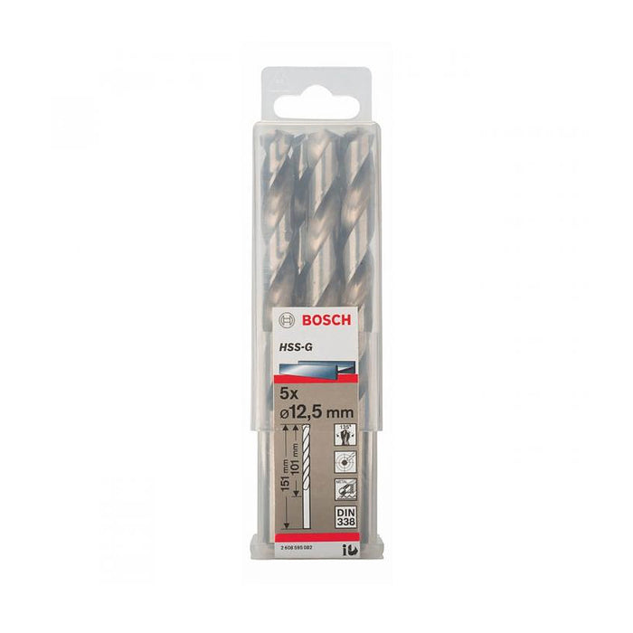 Hộp 5 mũi khoan sắt HSS-G Bosch đường kính mũi từ 8mm - 13mm, đuôi trơn (Tiêu chuẩn DIN 338)