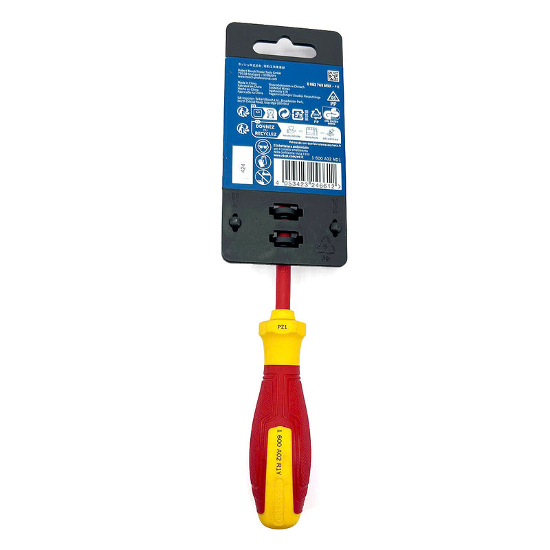 Tua vít Pozi PZ1 x 100mm cách điện 1000V chuẩn VDE Bosch 1600A02ND1 thiết kế công thái học , vật liệu thép S2