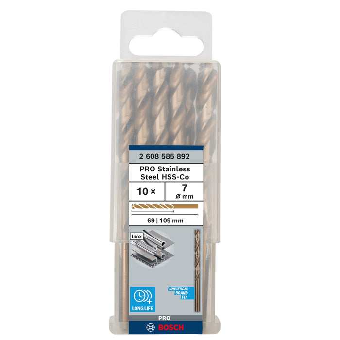 Hộp 10 mũi khoan Inox HSS-Co Bosch đường kính từ 1mm - 7.5mm, đuôi trơn (Tiêu chuẩn DIN 338)