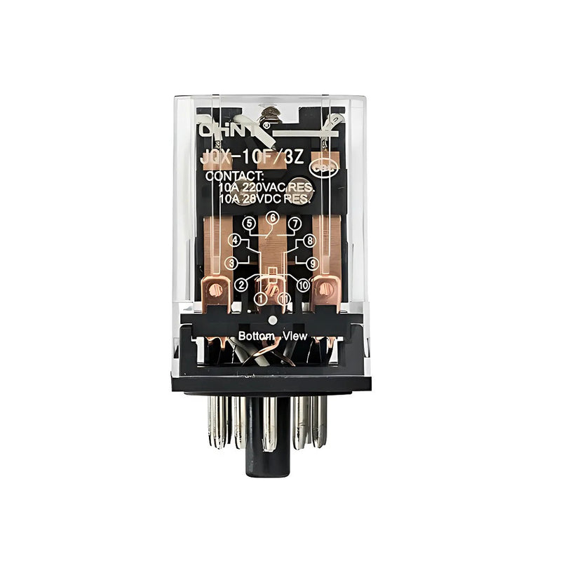 Rờ le kiếng chân tròn Chint JQX-10F Series. Kiểu ghim chân đế.  Tải danh định 10A, Điện áp cuộn coil dãi rộng 6V ~ 380V AC/DC. Tiêu chuẩn CE, UL