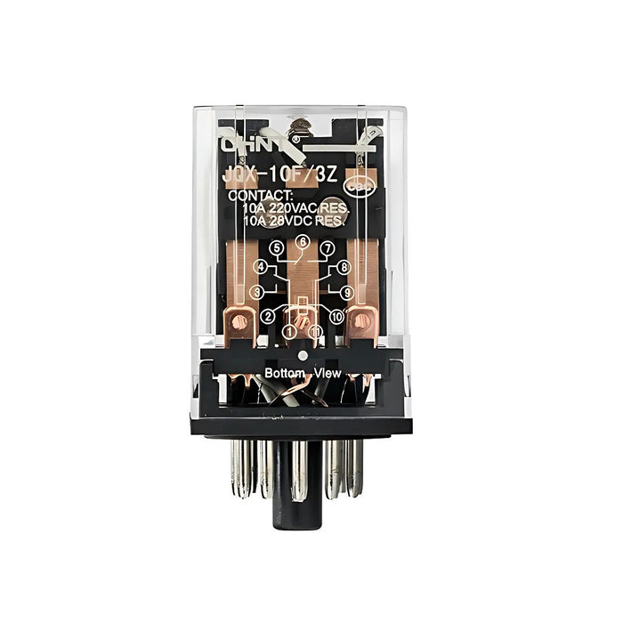 Rờ le kiếng chân tròn Chint JQX-10F Series. Kiểu ghim chân đế.  Tải danh định 10A, Điện áp cuộn coil dãi rộng 6V ~ 380V AC/DC. Tiêu chuẩn CE, UL