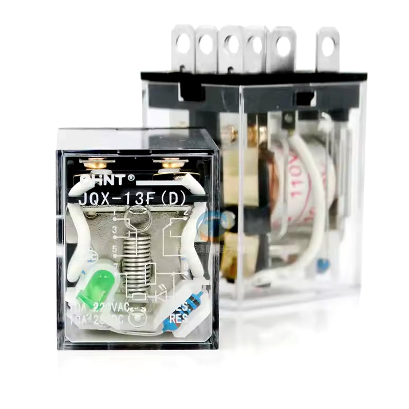 Relay kiếng chân dẹp lớn Chint JQX-13F Series. Tải danh định 10A. Dãi điện áp cuộn coil từ 6V~380V AC/DC. Kiểu ghim chân đế. Tiêu chuẩn CE, UL