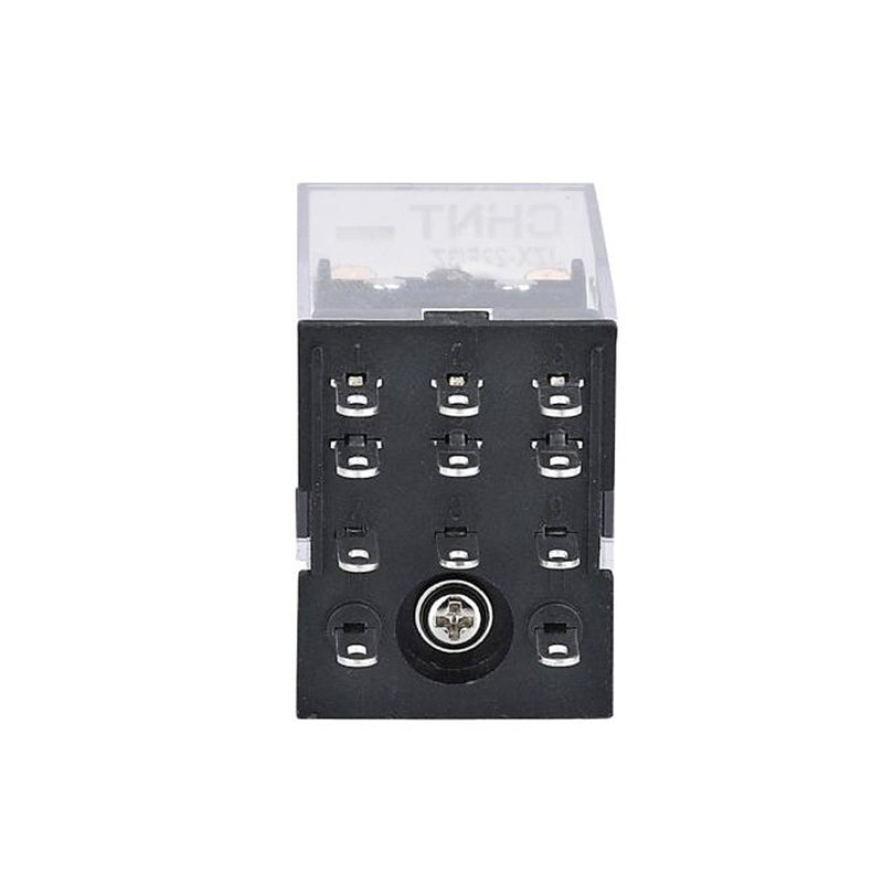 Rờ le kiếng chân dẹp nhỏ Chint JZX-22F Series. Kiểu ghim chân đế.  Tải danh định 5A, Điện áp cuộn coil dãi rộng 24V ~ 380V AC/DC. Tiêu chuẩn CE, UL