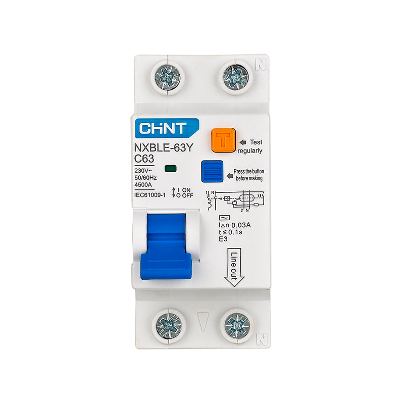 Cầu dao chống giật 1P+N kết hợp với bảo vệ quá tải, ngắn mạch Chint NXBLE-63Y, tải định mức từ 6A ~ 63A, dòng cắt 4.5kA, dòng rò từ 10mA ~ 30mA 