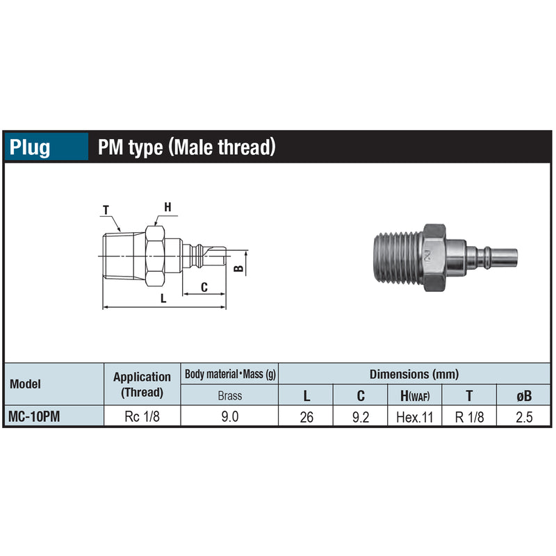 Đầu nối nhanh Micro Cupla PM-Type (Plug) MC-10PM chất liệu đồng, kiểu kết nối ren ngoài RC 1/8