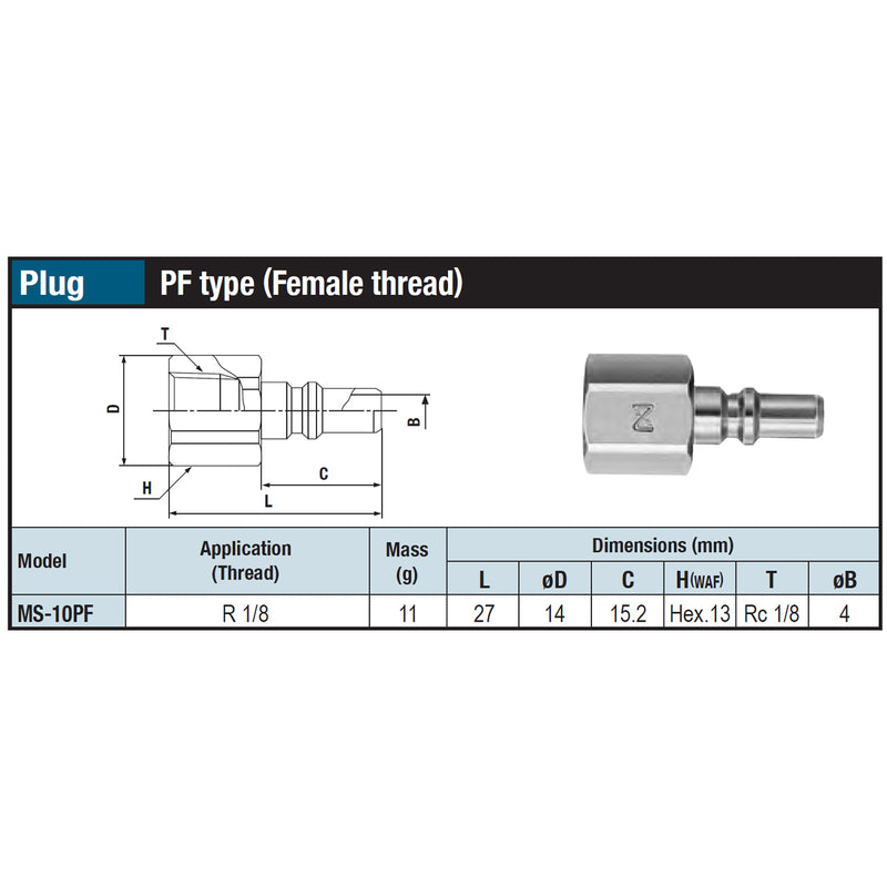 Đầu nối nhanh Small Cupla PF-Type (Plug) chất liệu đồng mạ chrome, kiểu kết nối ren trong R 1/8
