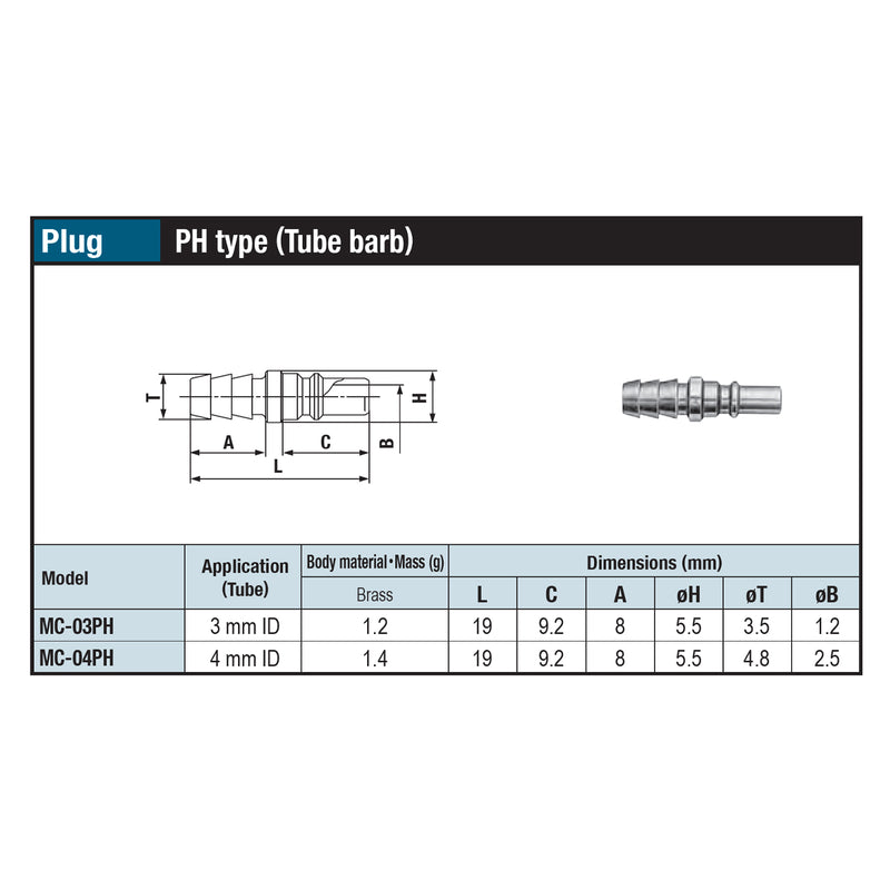 Đầu nối nhanh Micro Cupla PH-Type (Plug) chất liệu đồng, kiểu đuôi gai nối ống mềm
