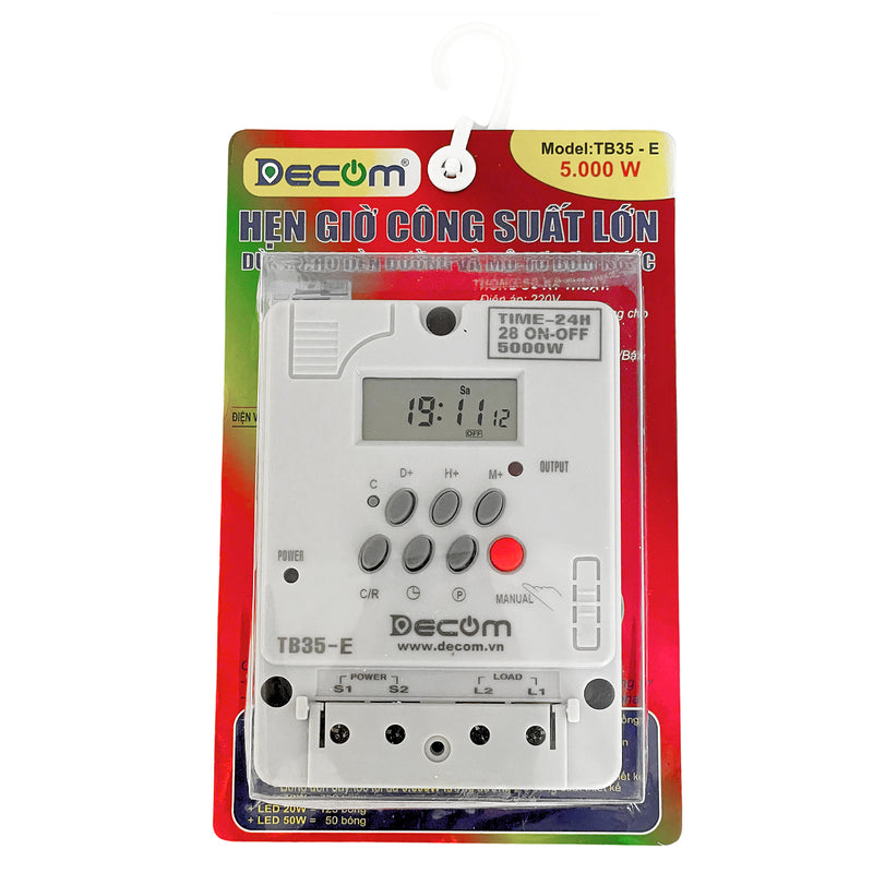 Timer hẹn giờ kỹ thuật số công suất lớn 5000W Decom TB35-E dùng cho đèn đường và mô tơ bơm nước, có 28 chế độ cài đặt On-Off