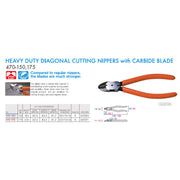 Kìm cắt góc nặng 470-150, 470-175 với lưỡi carbide, bền bỉ và mạnh mẽ để cắt dây thép, đồng, piano và vonfram.