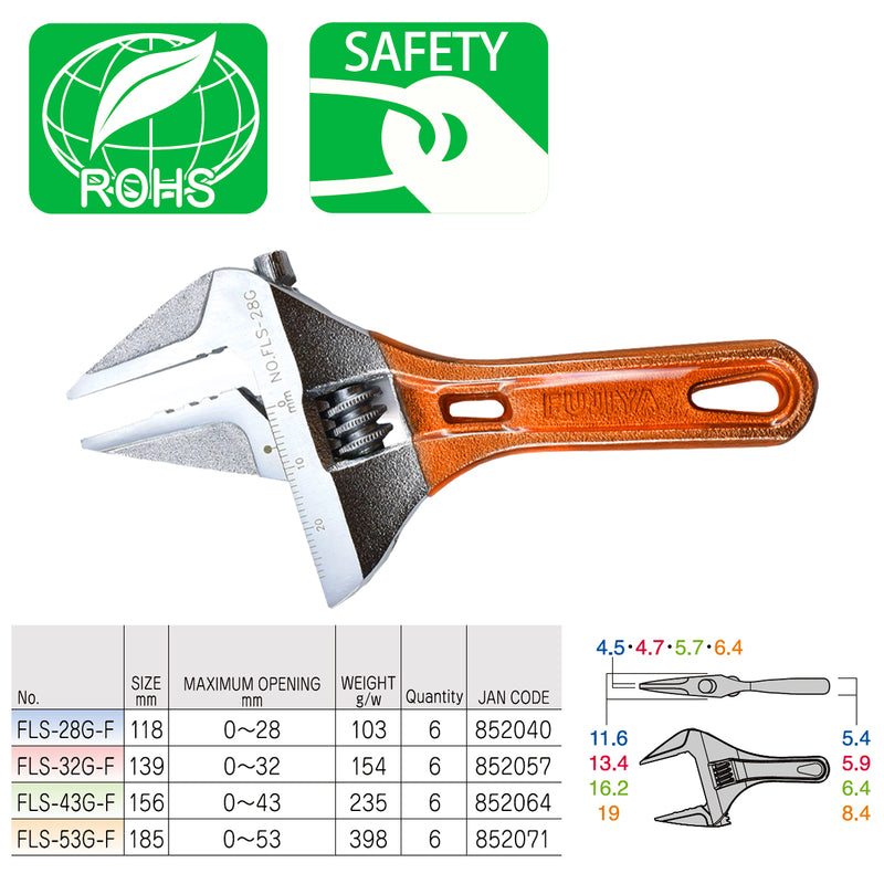Mỏ lết thân ngắn Fujiya FLS-G-F Series kích thước từ 118mm - 185mm, mở hàm tối đa từ 28mm - 53mm