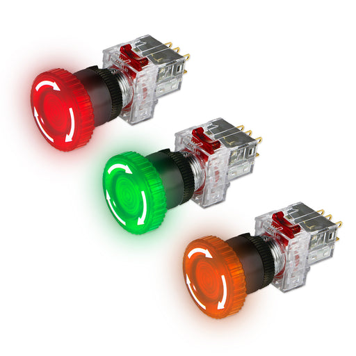 Công tắc dừng khẩn cấp tích hợp đèn báo, viền nhựa Hanyoung Nux DRA-T series, Lỗ khoét Ø16mm