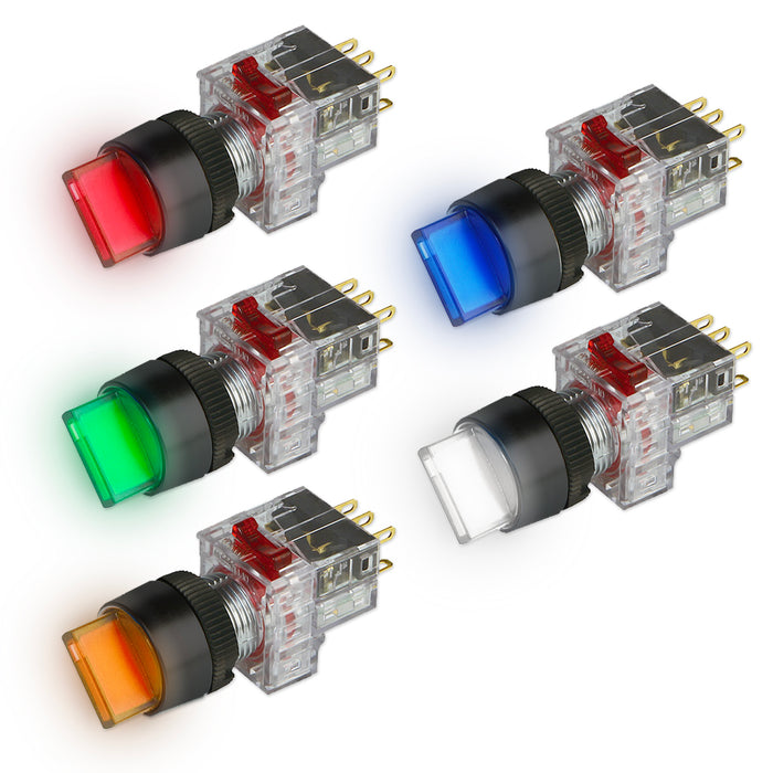 Công tắc gạt tích hợp đèn báo trên tay vặn, mặt nhựa Hanyoung Nux DRT-T series, Lỗ khoét Ø16mm