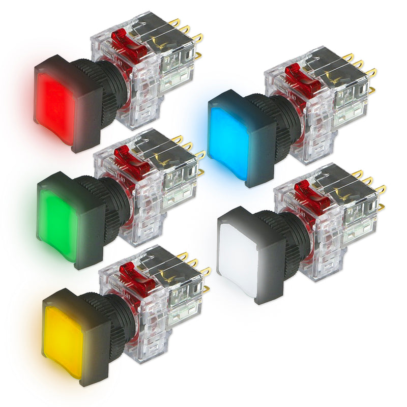 Công tắc nhấn tích hợp đèn báo, mặt vuông viền nhựa Hanyoung Nux DRX-S series, Lỗ khoét Ø16mm