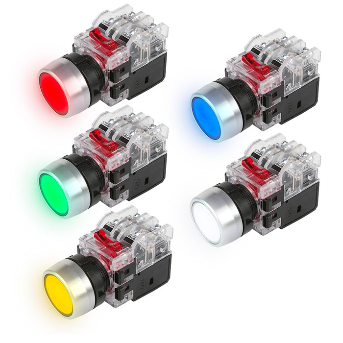 Công tắc nhấn tích hợp đèn báo, viền nhôm Hanyoung Nux MRX-R series, Lỗ khoét Ø22mm. Tiêu chuẩn CE, KC