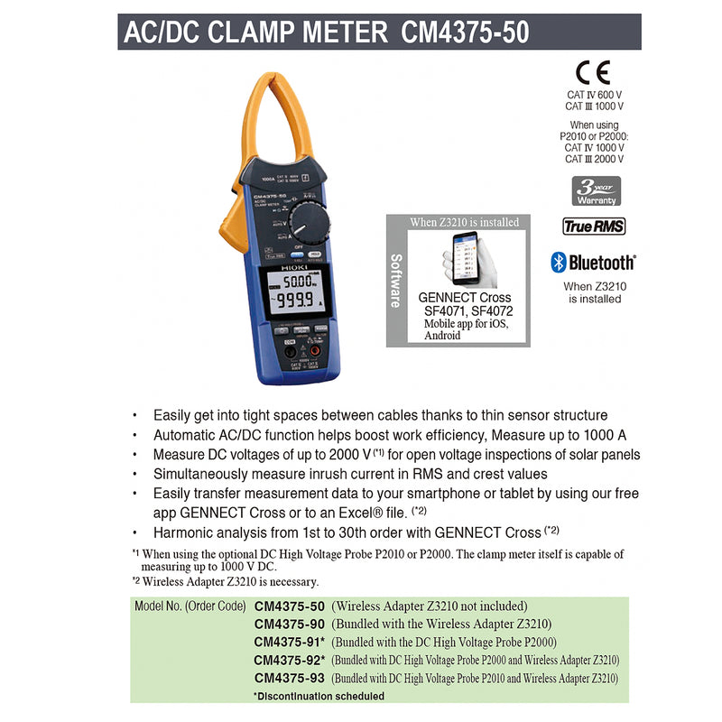 Ampe kìm đo dòng AC/DC Hioki CM4375-90 True RMS, đi kèm module kết nối Bluetooth