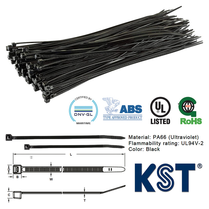 Dây rút nhựa đen KST cao cấp chống tia UV và chịu thời tiết khắc nghiệt, tiêu chuẩn quốc tế, dài 160mm -530mm, bản rộng 4.8mm (Size SD)