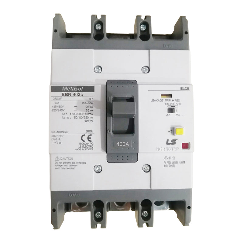 Cầu dao chống giật ELCB 3P LS bảo vệ quá tải, ngắn mạch và chống rò, tải định danh từ 15A ~ 800A, dòng cắt 14kA ~37kA, dòng rò 30mA