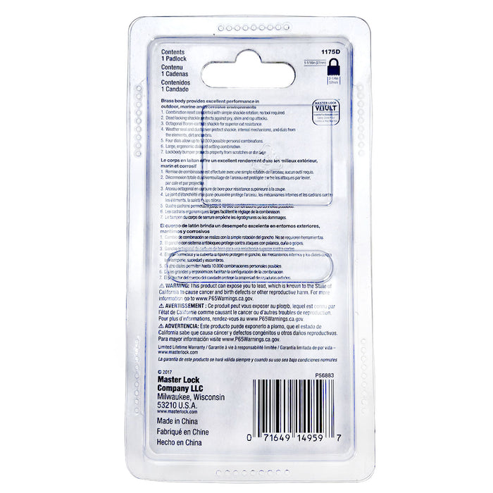 Ổ khóa số Master Lock 1175D cao cấp , thân khóa bằng đồng thau nguyên khối chất lượng cao, 4 cọc số