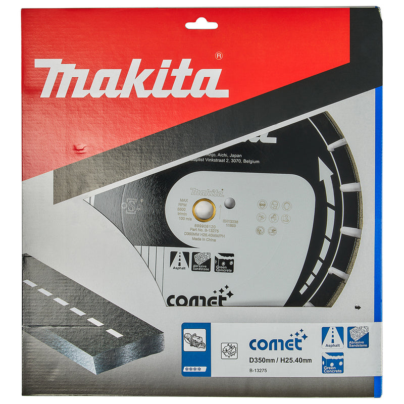 Lưỡi cắt kim cương Comet phân đoạn 350mm Makita B-13275 dùng cho nhựa đường, bê tông, lỗ cốt 25,4mm, cắt khô/ướt