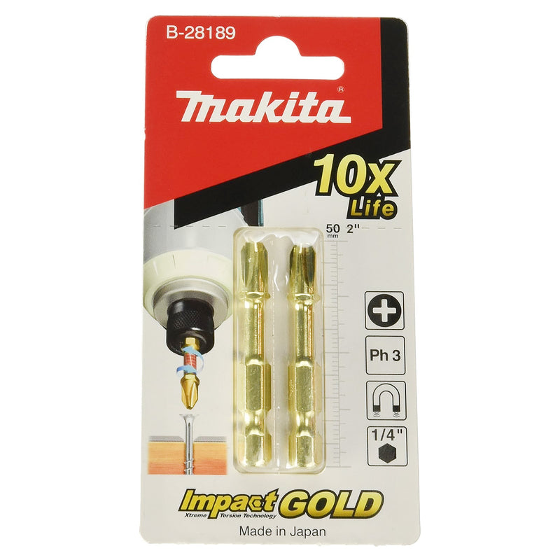Vĩ 2 mũi vít bake Torsion Impact Gold Makita kích thước từ PH1 - PH3, chiều dài 50mm, đuôi lục giác 6.35mm (1/4 inch)