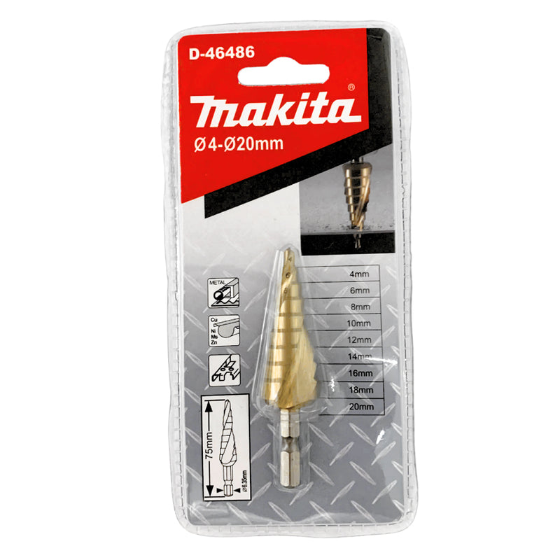 Mũi khoan tháp rãnh xoắn ốc Makita đuôi lục giác 6.35mm (1/4 inch), bề mặt phủ Ti-tan đường kính từ 4mm-20mm