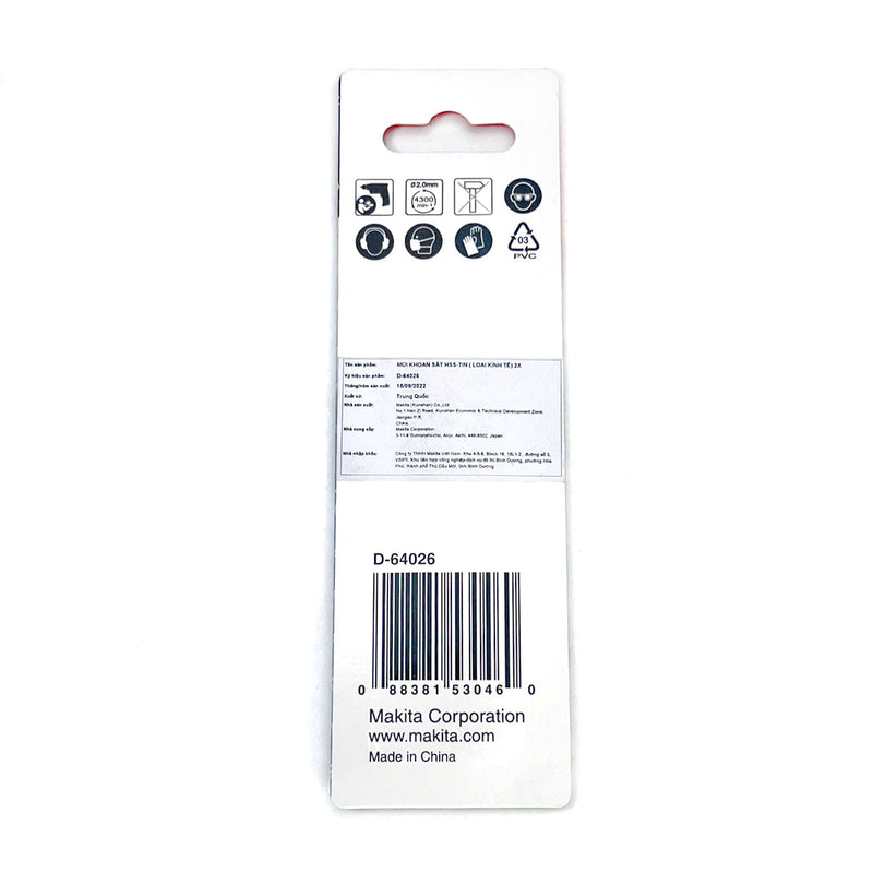 Vĩ 2 mũi khoan kim loại HSS-Tin Makita loại kinh tế, kích thước từ 1mm - 4mm, đuôi trơn ( Cấp 2 sao )