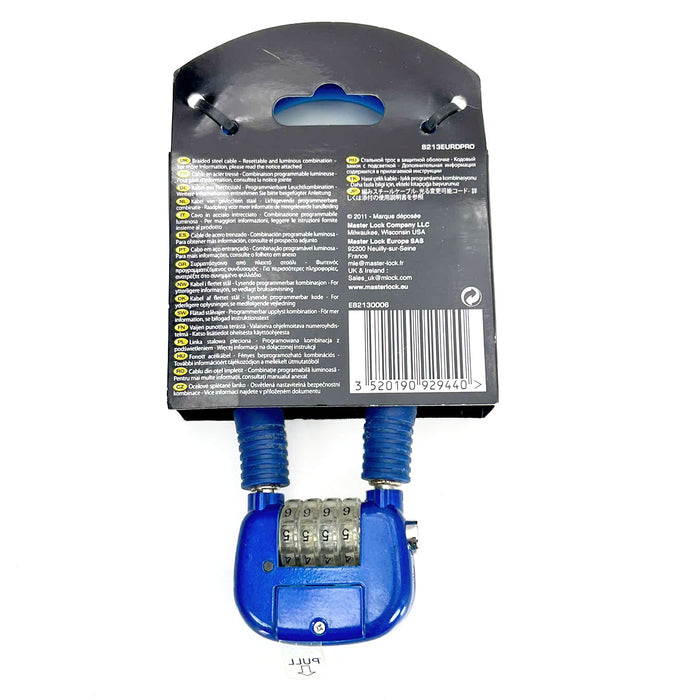 Ổ khóa dây 4 cọc số Master Lock 8213EURDPRO, dây khóa bằng sợi cáp thép cứng được bọc nhựa vinyl nhiều màu dài 60cm, có đèn sáng tại cọc số khi mở