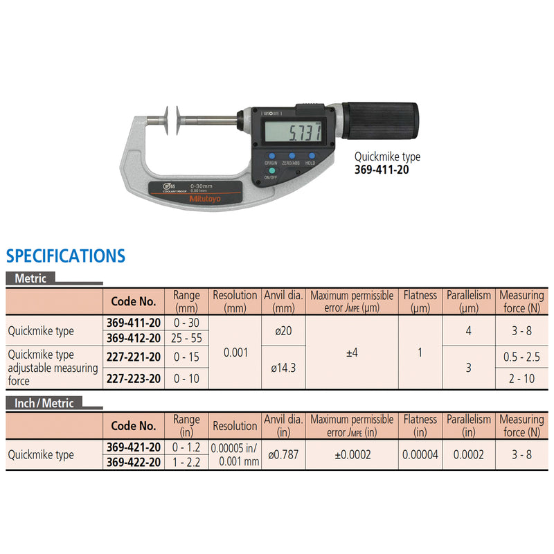 Panme điện tử Mitutoyo Series 227 - Quickmike Disc Micrometers, Non-Rotating Spindle, Force Adjustment. Hàm kẹp đĩa đo nhanh, Có chỉnh lực kẹp. trục đo không xoay. Có cổng SPC xuất dữ liệu