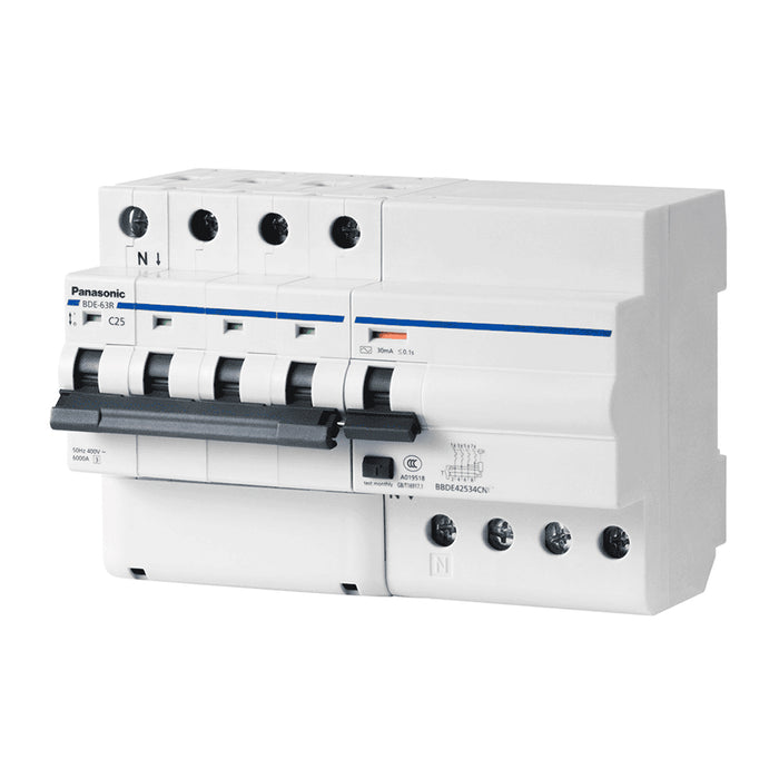 Cầu dao chống giật RCBO Panasonic có bảo vệ quá tải, ngắn mạch và chống rò, lắp thanh ray, tải định mức từ 6A ~ 63A, dòng rò 30mA, dòng cắt 6kA