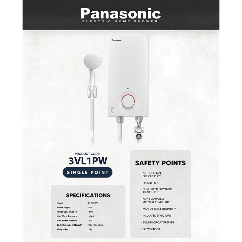 Máy nước nóng trực tiếp có bơm trợ lực Panasonic DH-3VP1VW, công suất 3.5kW