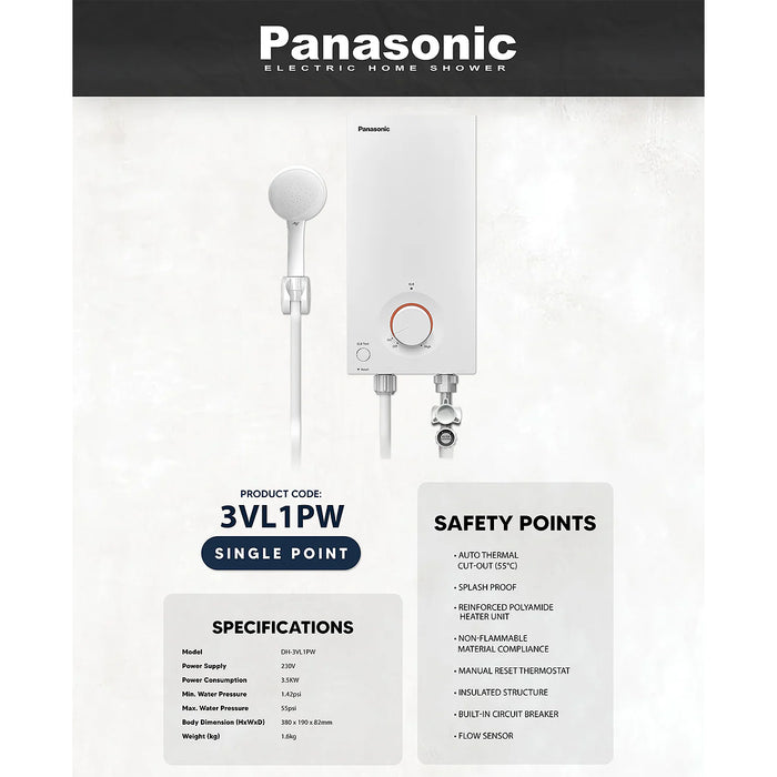 Máy nước nóng trực tiếp có bơm trợ lực Panasonic DH-3VP1VW, công suất 3.5kW